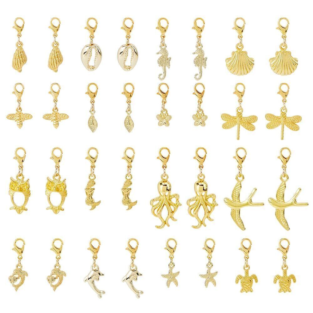 9378 32Pcs 16 Styles Clip on Charm Vintage Animal Charm Assorted Dangle